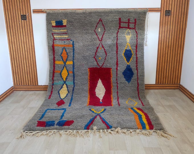 Handwoven Grey Boujad Wool Rug | Tribal Symbol Berber Red Blue Yellow Living Room Area Rug