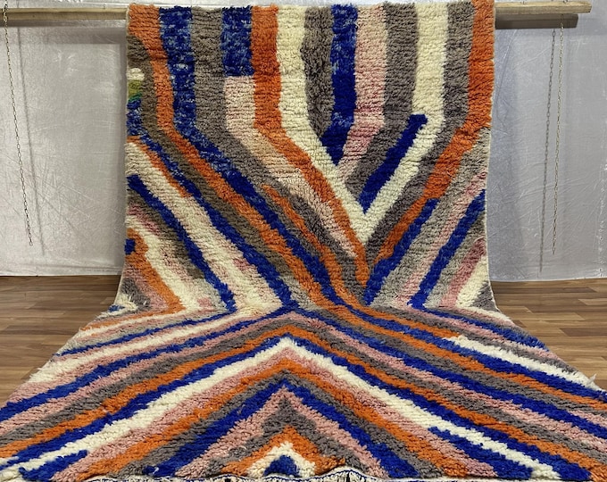 Handmade Chevron Rug, Colorful Moroccan Wool Carpet, Made to Order Orange and Blue Striped Rug for Eclectic Decor