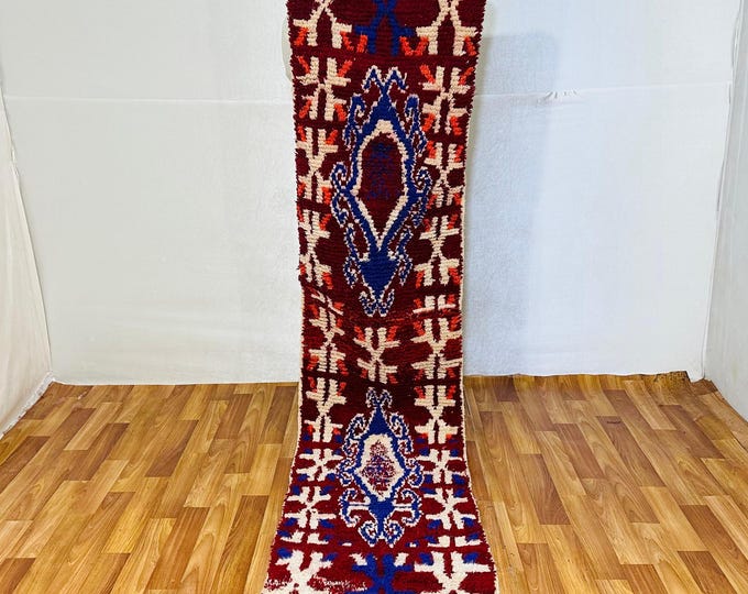 Handwoven Moroccan Hallway Runner Rug: Red, Blue, and Ivory Berber Wool