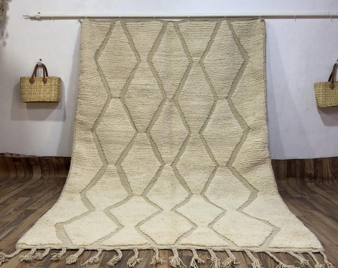 Ivory Moroccan Wool Rug | Hand-Knotted Berber Carpet | Natural Undyed Diamond Shag | Boho Luxury Area Rug