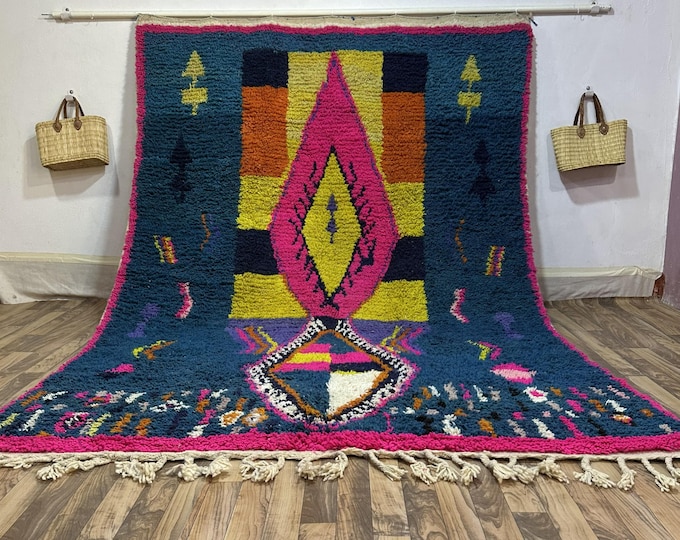 Handwoven Teal & Pink Moroccan Rug | Abstract Tribal Diamond Wool Carpet