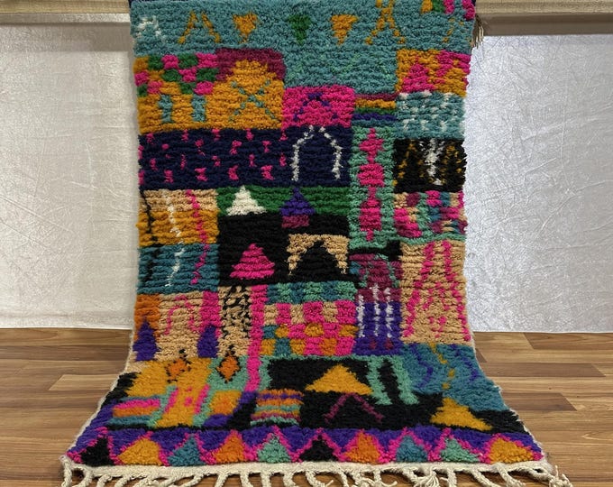Handwoven Moroccan Wool Rug Colorful Abstract Art Eclectic Maximalist Bohemian Living Room Area Rug