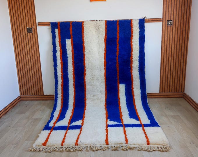 Moroccan Wool Rug Striped Cobalt Blue Orange Cream Berber Custom Size Made Order Free Shipping