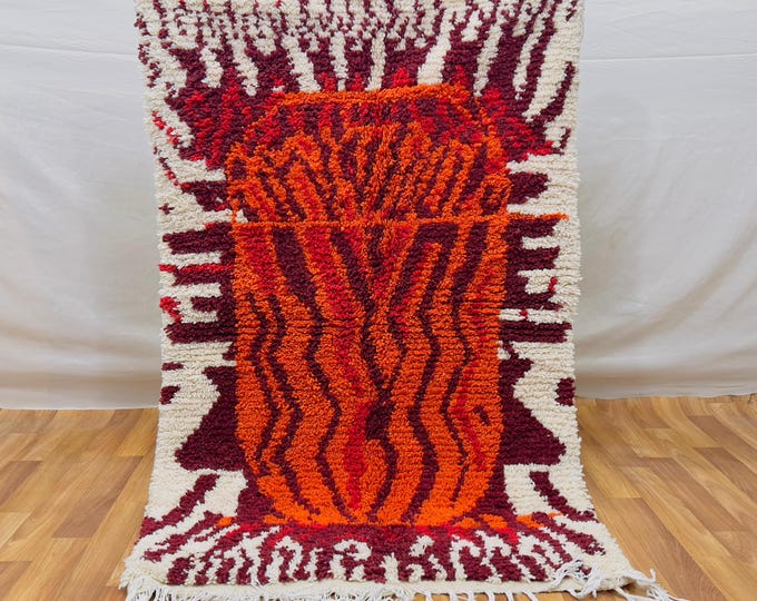 Fiery Red Moroccan Wool Rug – Handwoven Berber Carpet – Geometric Tribal Motifs & Vibrant Artisan Colors | Custom Size Available.