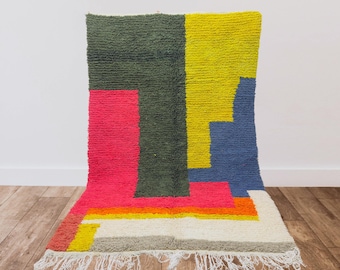 Abstract Moroccan Wool Rug, Mid Century Modern Berber carpet, Custom Geometric Bauhaus Area Rug