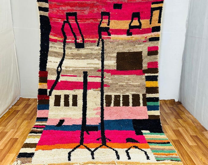 Boho Tribal Cityscape Rug – Handwoven Berber Art with Hot Pink, Espresso, and Cream – Abstract Moroccan Story Weave