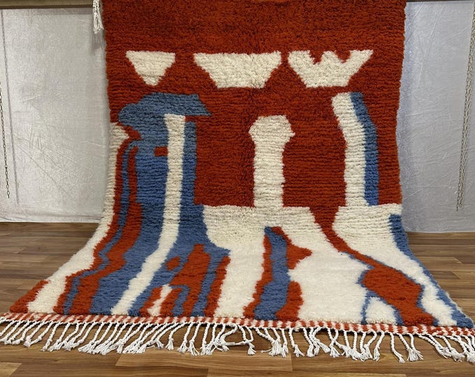 Moroccan Wool Rug – Handmade Abstract Berber Carpet in Terracotta, Blue & Cream –Soft High Pile Amazigh Art Rug for Living Room Decor