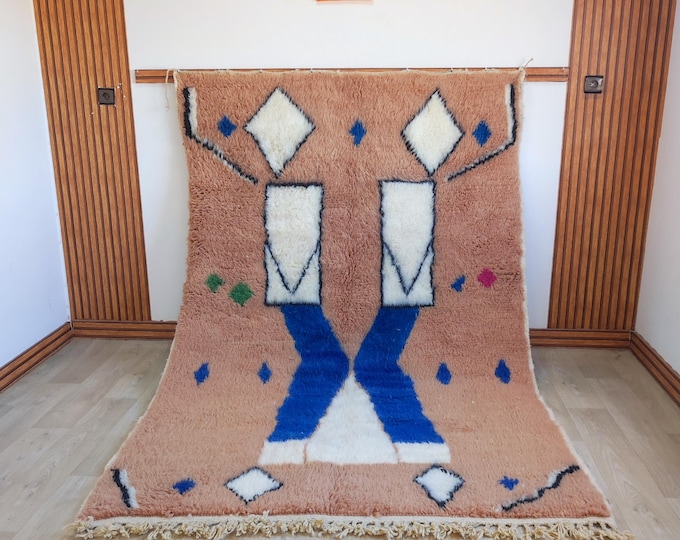 Moroccan Wool Rug Pink Peach Beni Mrirt Berber Cobalt Blue Custom Size Made Order