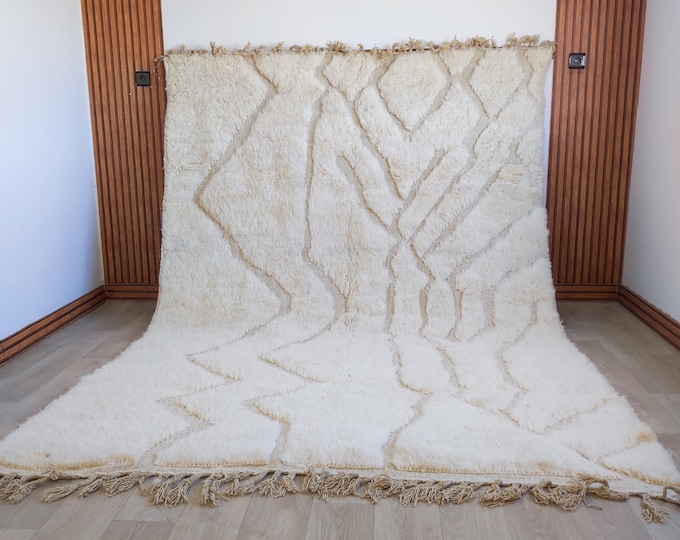 Handwoven Ivory Beni Ourain Wool Rug | Carved Diamond Berber Living Room Area Rug