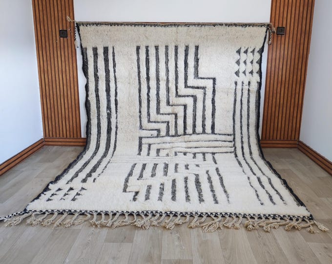 Handwoven Undyed Natural ivory Wool Rug | Geometric  Beni Ourain Maze Berber Living Room Area Rug