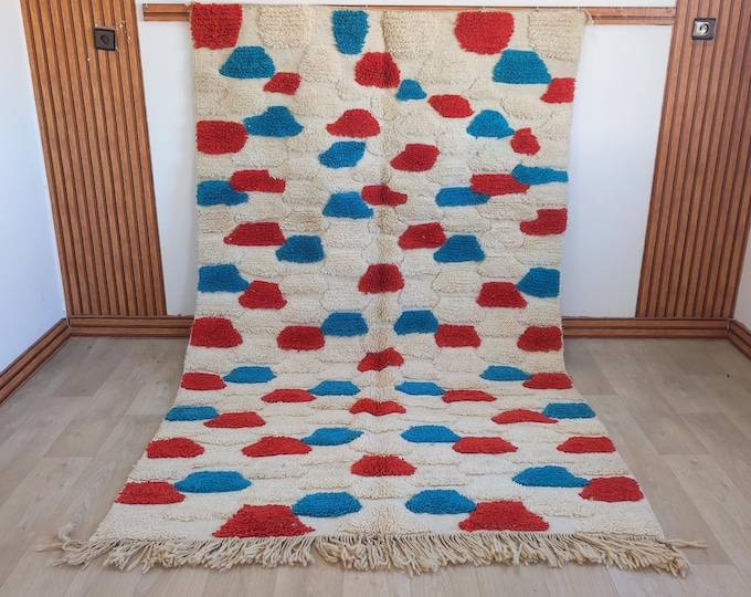 Moroccan Wool Rug | Cream Red Blue Beni Ourain Playful Kids Rug | Custom Size | Made to Order | Free Shipping