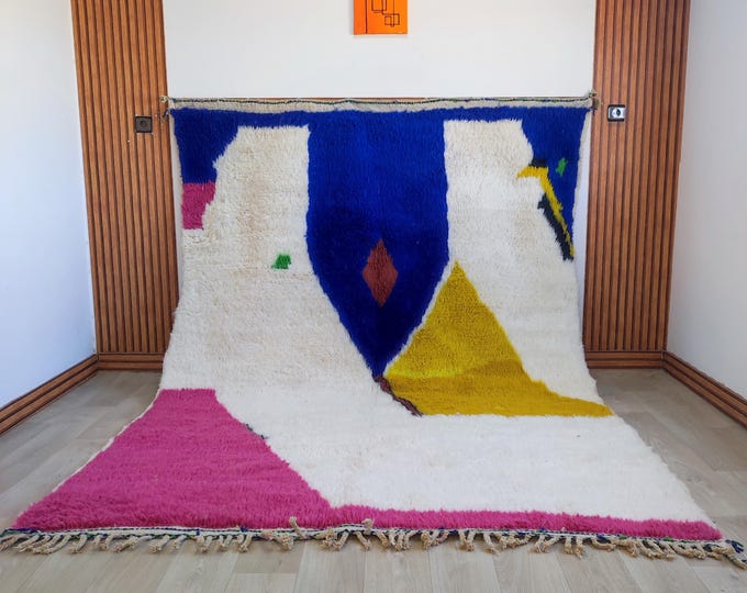 Handknotted Ivory Moroccan Wool Rug | Blue Pink Yellow Colorblock Berber Living Room Area Rug