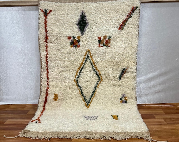 MINIMALIST BERBER RUG | Handmade Moroccan Wool Carpet with Tribal Symbols | Custom Size Color | Cream & Rust Tones | Free Shipping.