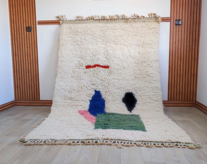 Handwoven Ivory Moroccan Wool Rug | Minimal Abstract Berber Living Room Bedroom Area Rug