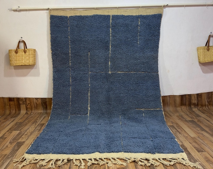 Authentic Denim Blue Moroccan Rug: Minimalist Cream Grid Hand-Knotted Wool Shag Modern Berber Carpet