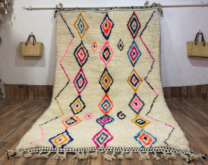 Authentic Colorful Azilal Moroccan Rug Neon Diamond Hand-Knotted Ivory Wool Shag Dopamine Decor Carpet