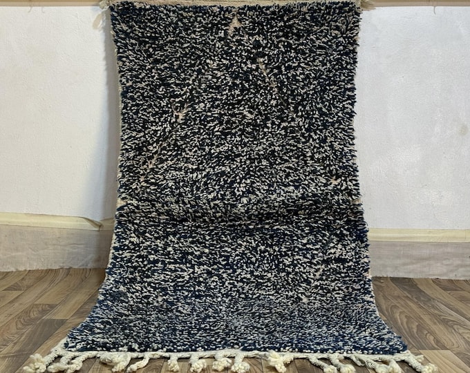 Handwoven Deep Blue & Cream Plush Beni Ourain Style Rug | Moroccan Wool Carpet