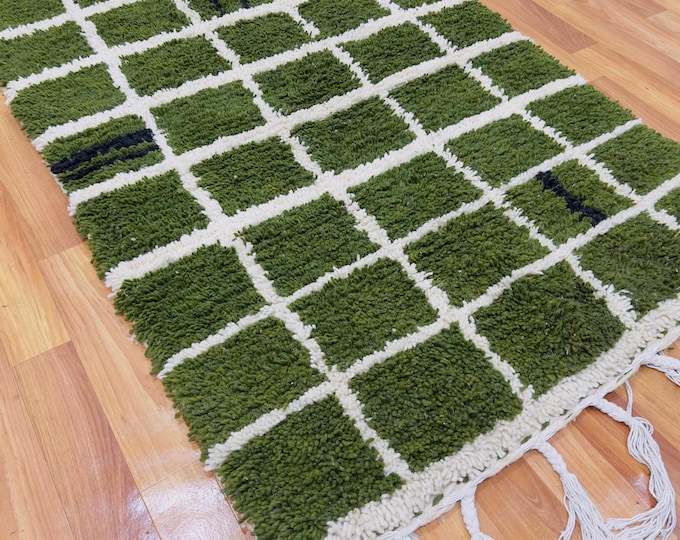 Olive Green Moroccan Rug: Handwoven Berber Wool Grid, Beni Ourain Style