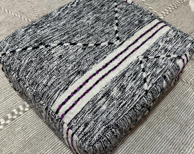 Hand-Woven Wool Pouf | Minimalist Berber Style | Black and White Cushion | Floor Pillow | Home Decor Accent