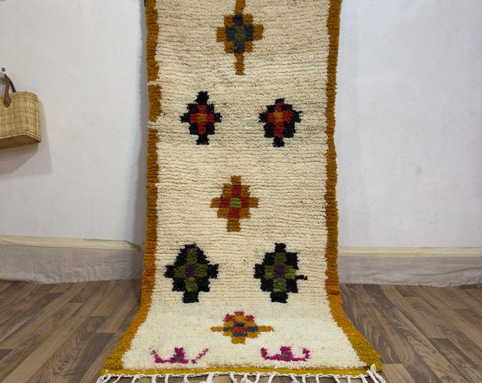 Handwoven Moroccan Wool Runner Rug Cream Mustard Berber Tribal Motifs Hallway Kitchen Area Rug