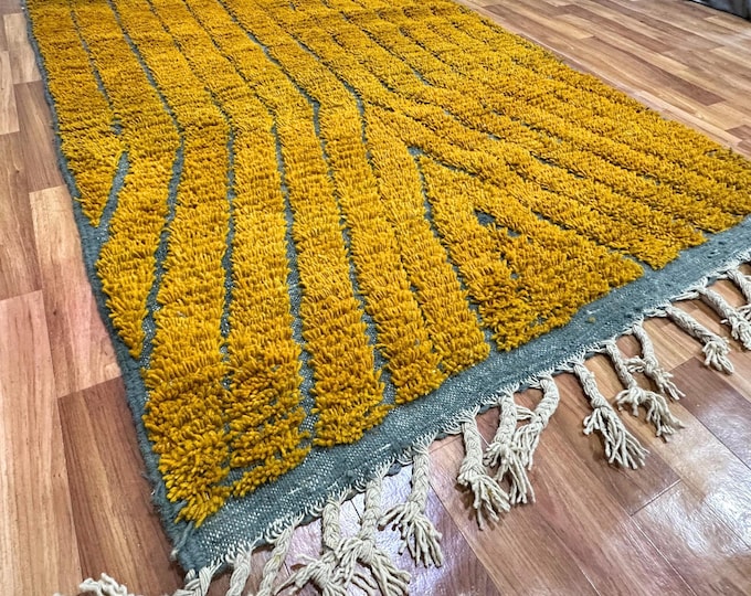 Mustard Yellow Moroccan Rug | Beni Ourain Wool Carpet | Boho Berber Area Rug | Turmeric Tribal Handwoven Decor