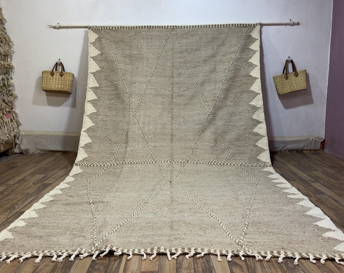 Neutral Zanafi Wool Rug | Handwoven Moroccan Carpet with Textured Diamond Pattern