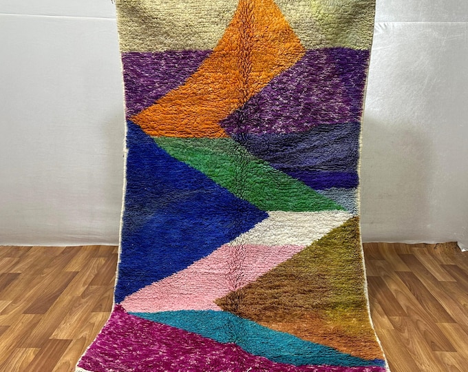 Handwoven Moroccan Wool Rug: Multicolor Geometric Triangle Design