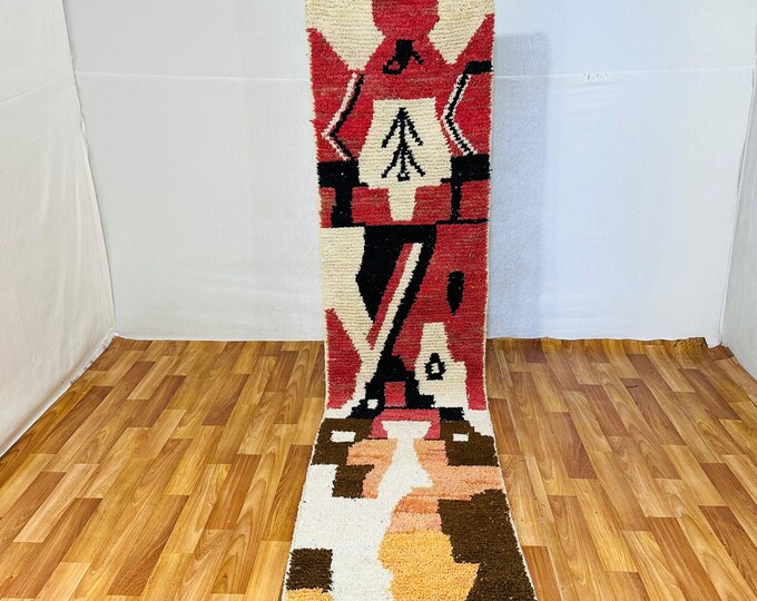 Handwoven Red Moroccan Runner Rug: Berber Wool Art, Tribal Design