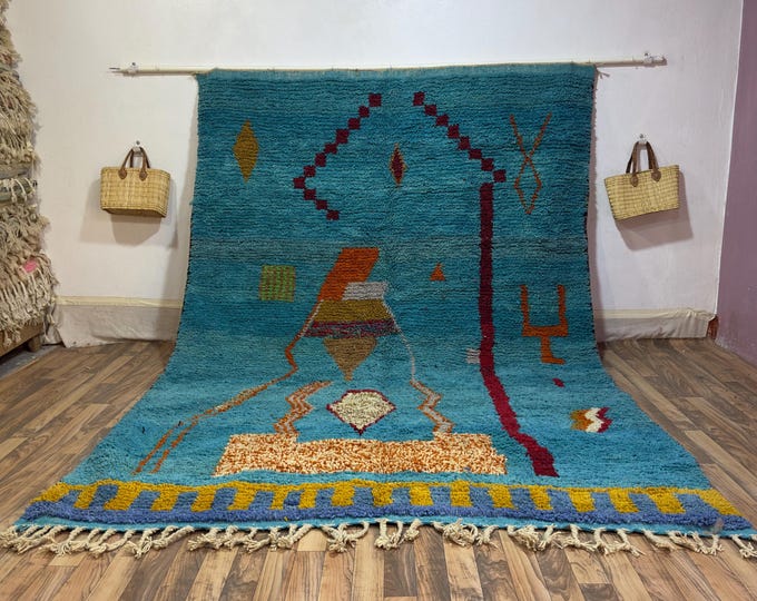 Turquoise Abstract Wool Rug | Handwoven Moroccan Art Carpet with Pictorial & Tribal Motifs