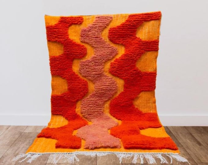 Handmade Moroccan Berber Rug Vibrant Orange Wool Shaggy Custom Modern Boho Zigzag Floor Decor