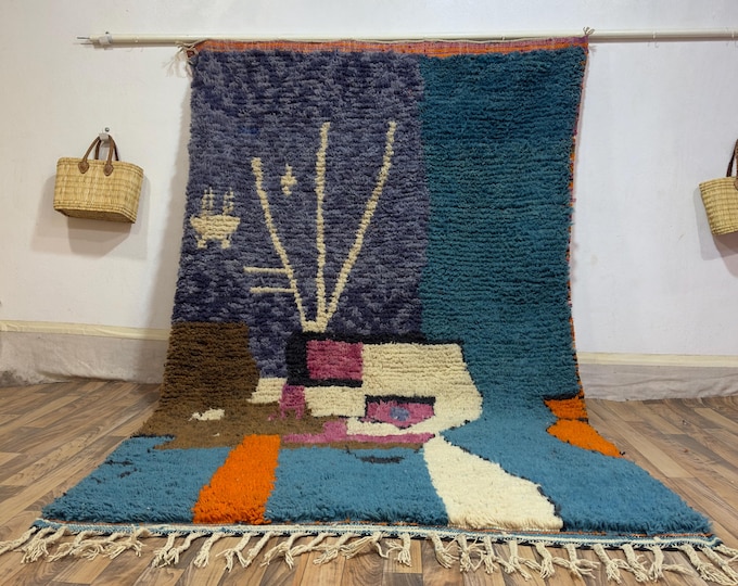 Abstract Art Wool Rug | Handwoven Moroccan Carpet in Teal, Blue & Orange