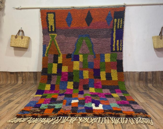 Kasbah Sunset Rug: Colorful Mosaic Weave | Hand-Knotted Moroccan Wool Floor Art with Abstract Landscape