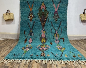 Hand-Knotted Teal Moroccan Wool Rug, Bohemian Tribal Carpet
