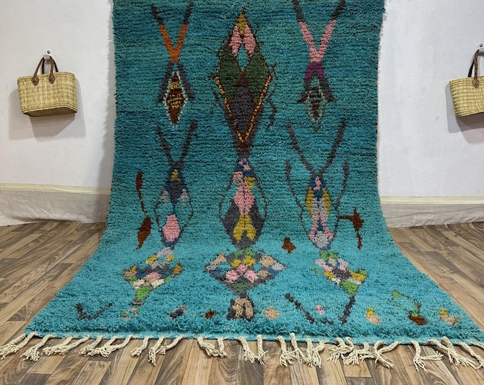 Hand-Knotted Teal Moroccan Rug, Colorful Wool Carpet with Tribal Symbols, Made to Order Bohemian Area Rug