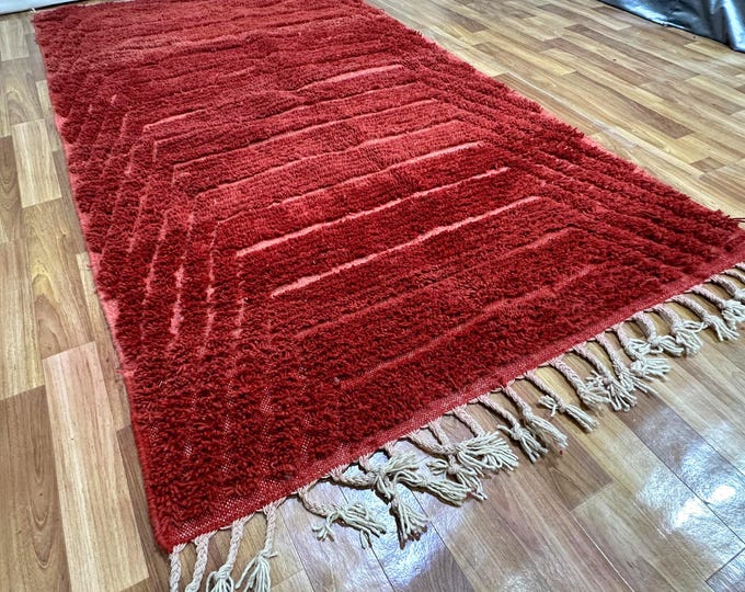 Handwoven Deep Red Beni Ourain Rug: Boho Berber Wool Floor Rug