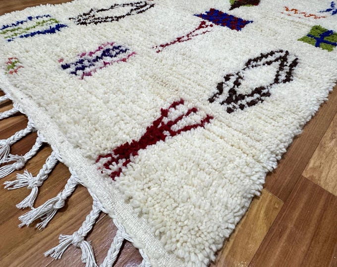 Small Moroccan Berber Rug | Handwoven Azilal Style Accent Rug | Boho Tribal Wool Mat with Colorful Symbols | Cream & Multicolor Mini Rug