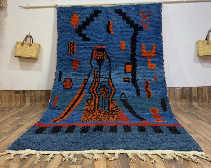 Blue & Orange Tribal Wool Rug: Hand-Knotted Moroccan Pictorial Carpet (Natural Dyes)