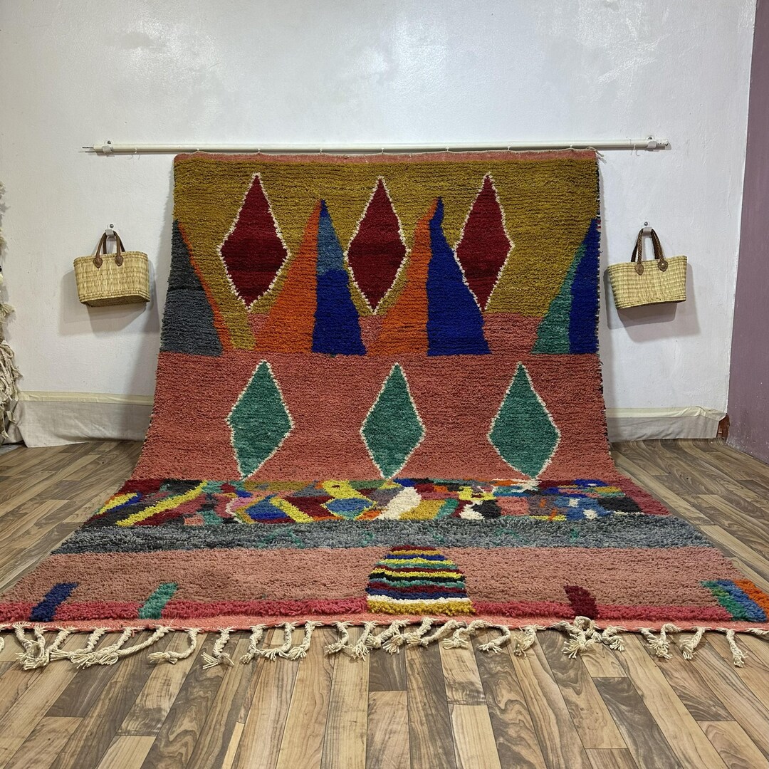 Textile Rug Earthy Geometric & Pictorial Handwoven Rug | Earthy Abstract Wool Moroccan ...