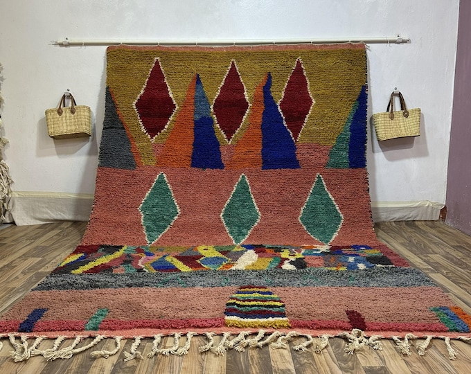 Geometric & Pictorial Handwoven Rug | Earthy Abstract Wool Moroccan Carpet