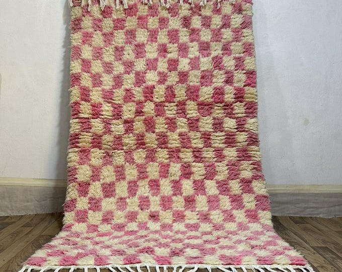 Pink Checkerboard Runner Rug | Handwoven Moroccan Wool Carpet with Graphic Check Pattern