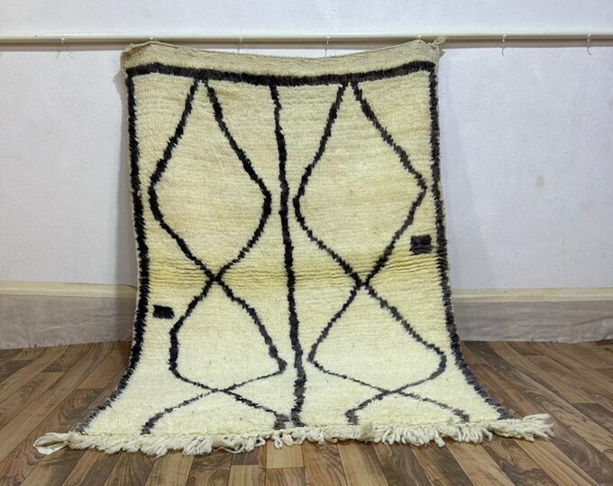 Handwoven Wool Masterpiece - Creamy ivory base with deep charcoal geometric lines