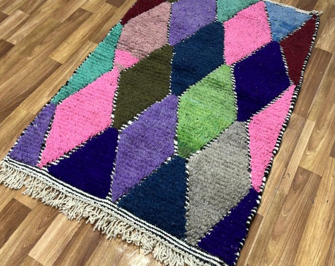 Handwoven Wool Rug: Colorful Geometric Diamond Berber Design