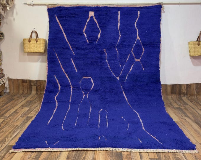 Authentic Royal Blue Moroccan Rug Abstract Pink Lines Minimalist Berber Hand-Knotted Wool Shag Carpet