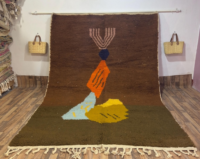 Artistic Brown Moroccan Rug - Abstract Wool Carpet with Vibrant Orange & Teal Symbols - Contemporary Berber Statement Rug