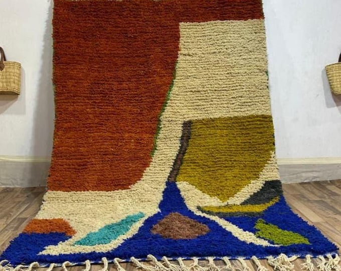 Abstract Moroccan Berber Rug – Handwoven Wool Art Carpet in Terracotta, Blue, and Olive Tones | Modern Amazigh Design