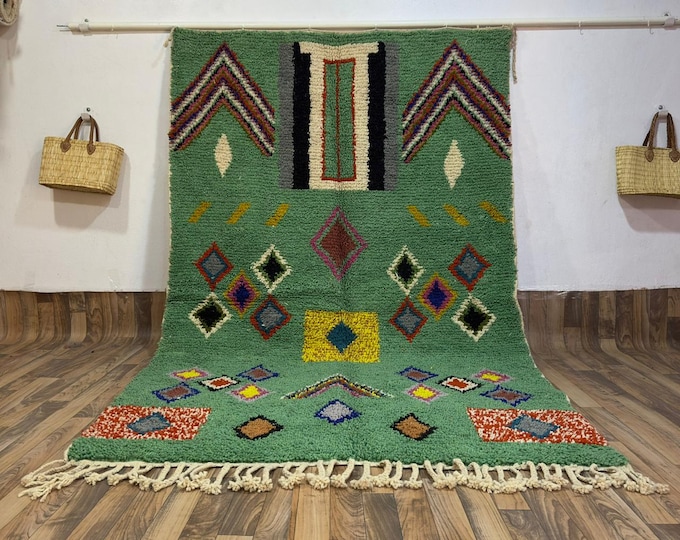 Authentic Berber Tribal Rug: Handwoven Green Wool Knot Carpet with Symbolic Motifs