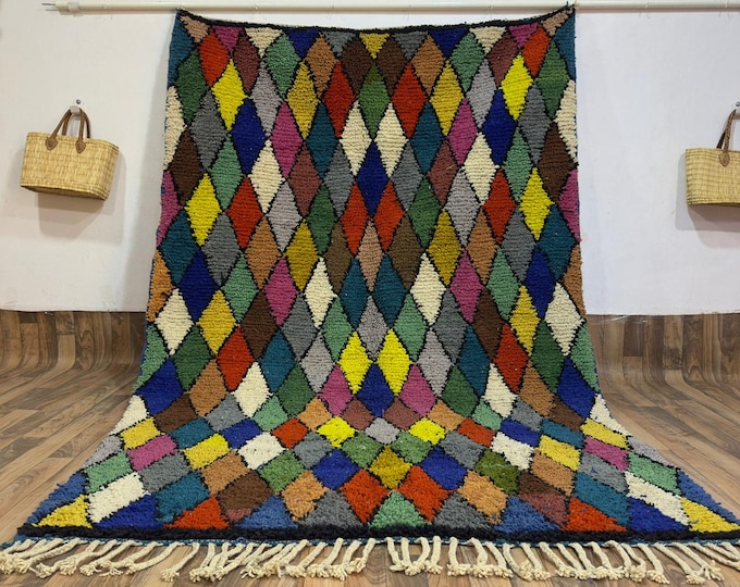 Hand-Knotted Colorful Moroccan Diamond Rug: Harlequin Wool Area Carpet