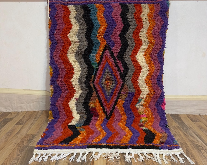 Vibrant Zigzag Wool Rug | Handwoven Moroccan Carpet with Colorful Waves & Diamond Motif