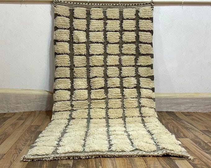 Woven Checkered Rug, Neutral Moroccan Wool Carpet, Made to Order Beni Ourain Style Rug for Minimalist Decor
