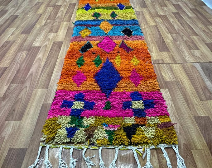 Colorful Moroccan Runner Rug: Handwoven Wool Berber Carpet (3x4 ft)